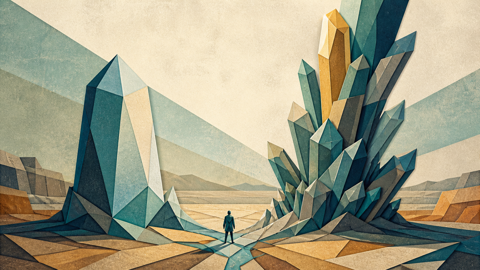 Two crystal formations grown from the same vein: one sealed and finished, the other still sprouting new facets from what it's already grown — efficiency plateaus, intelligence compounds.